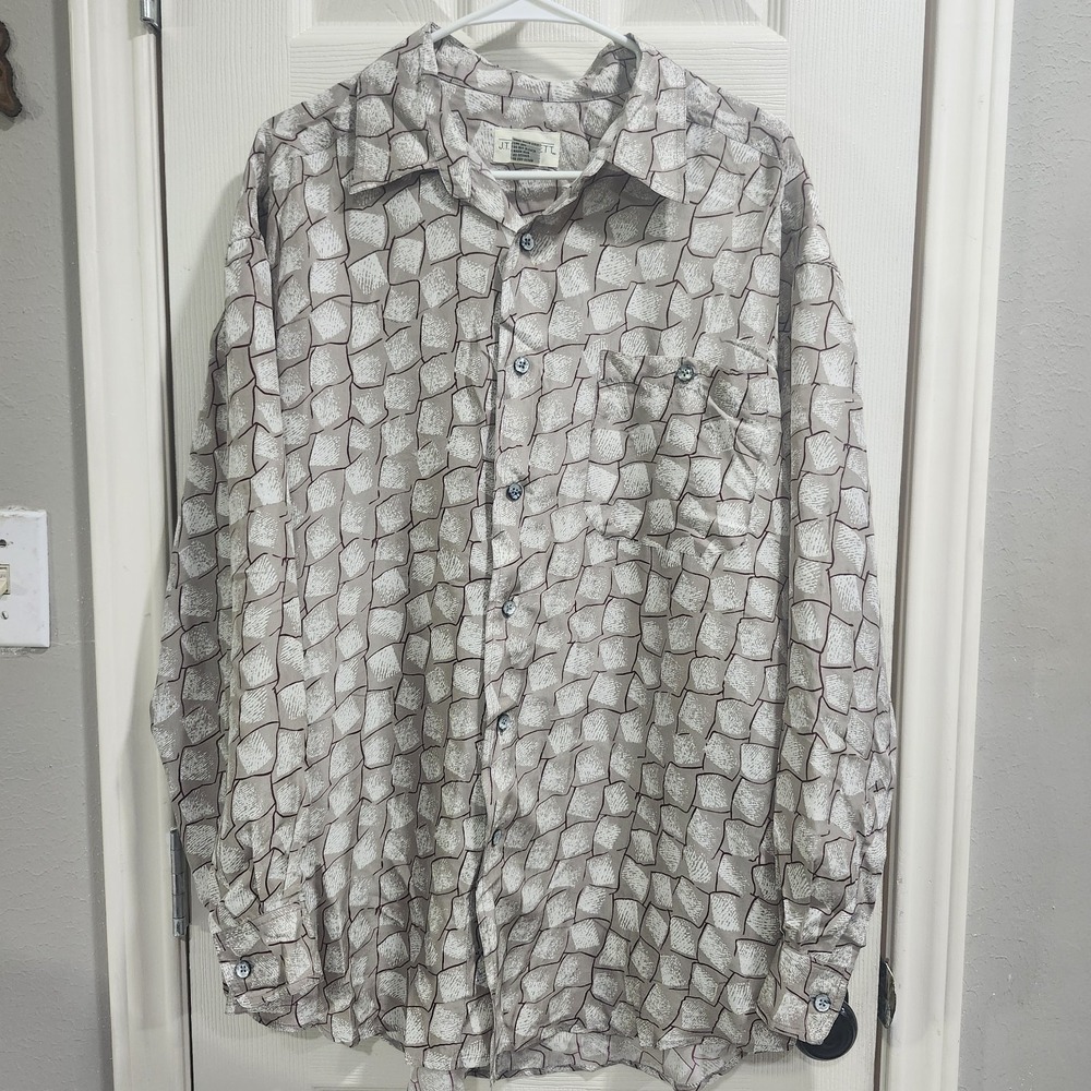 Vintage 90s J.T. Beckett 100% Silk Shirt Mens L Abstract Geometric Button Up